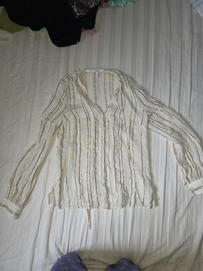 10 Crosby Derek Lam Ivory Textured Striped V-Neck Blouse with Metallic Threads